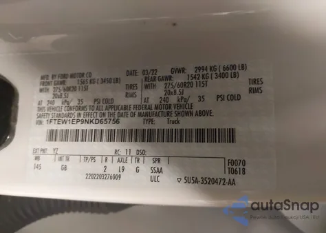 2022 Ford F-150 Xl из США, поврежденный, VIN 1FTEW1EP9NKD65756